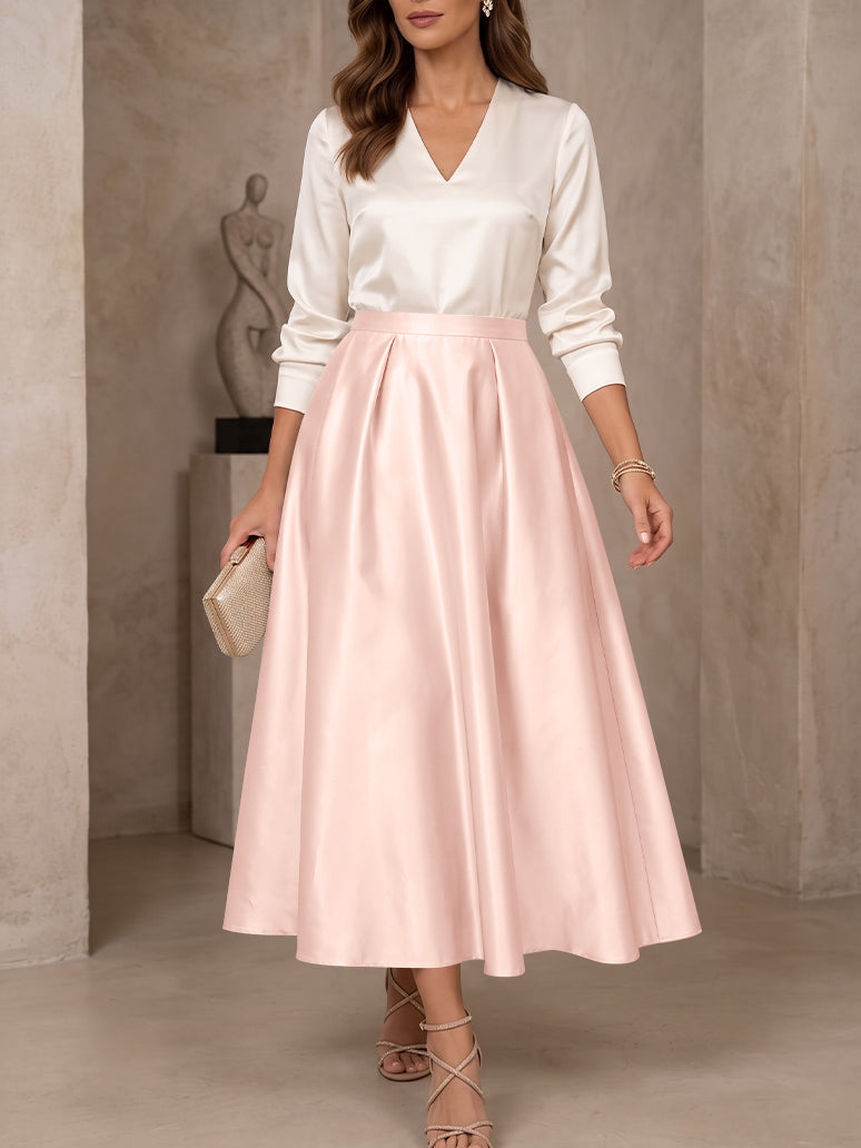 A-Line/Princess V-Neck Satin Mother of the Bride Dresses 3/4 Sleeves Tea-Length Pleated