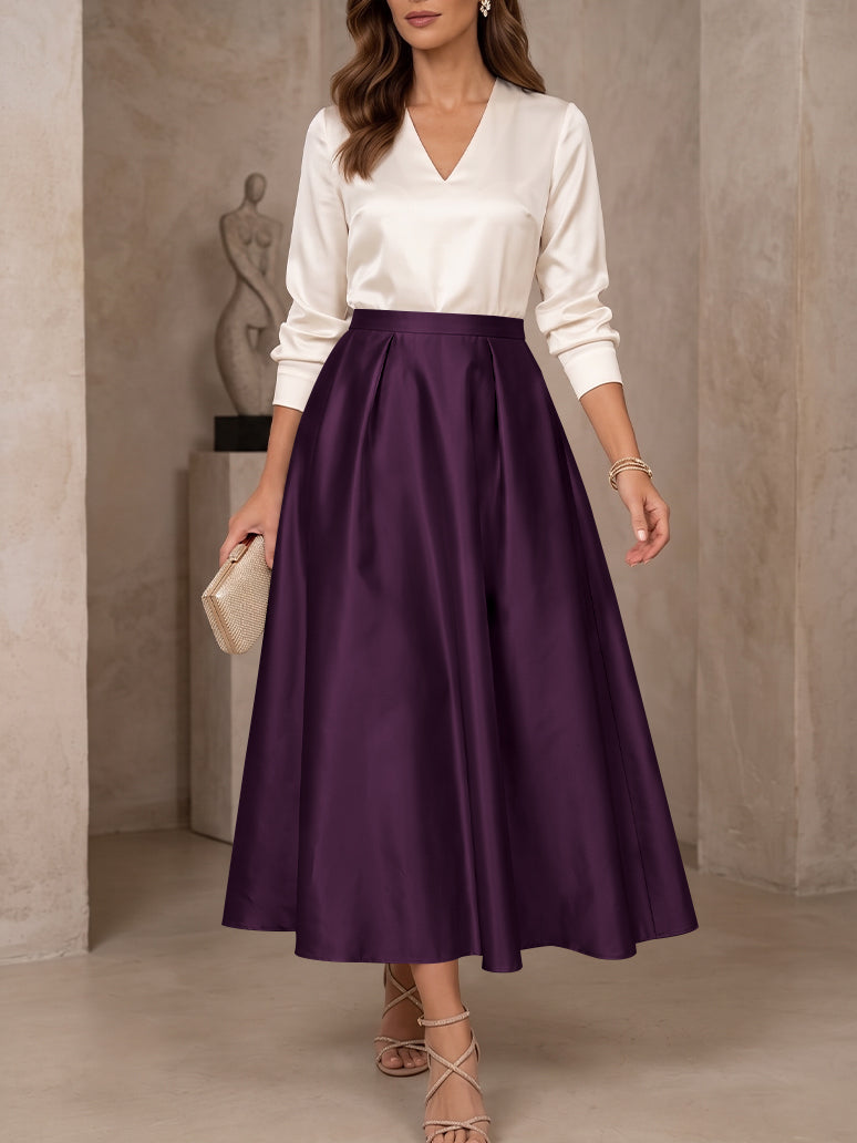 A-Line/Princess V-Neck Satin Mother of the Bride Dresses 3/4 Sleeves Tea-Length Pleated