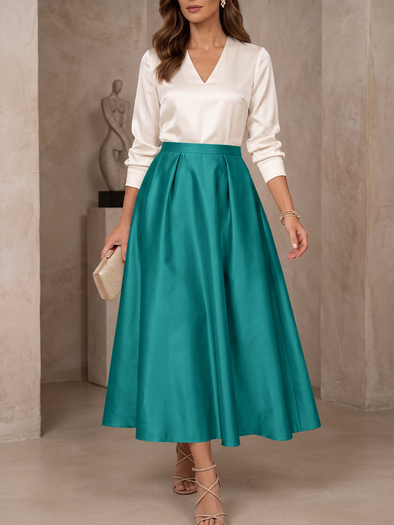 A-Line/Princess V-Neck Satin Mother of the Bride Dresses 3/4 Sleeves Tea-Length Pleated