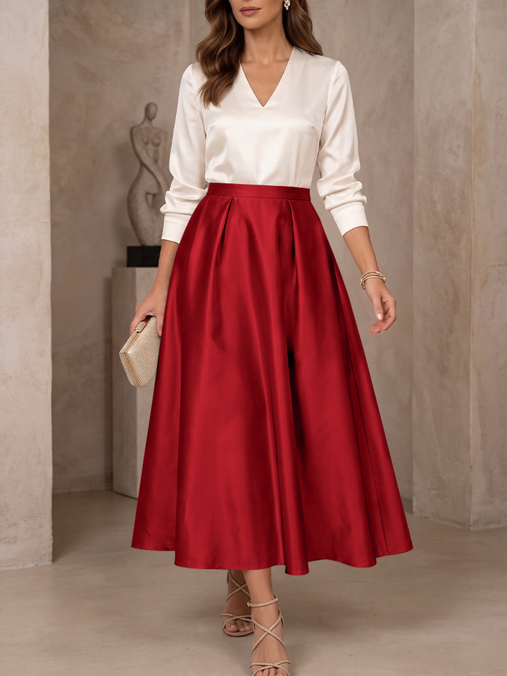 A-Line/Princess V-Neck Satin Mother of the Bride Dresses 3/4 Sleeves Tea-Length Pleated