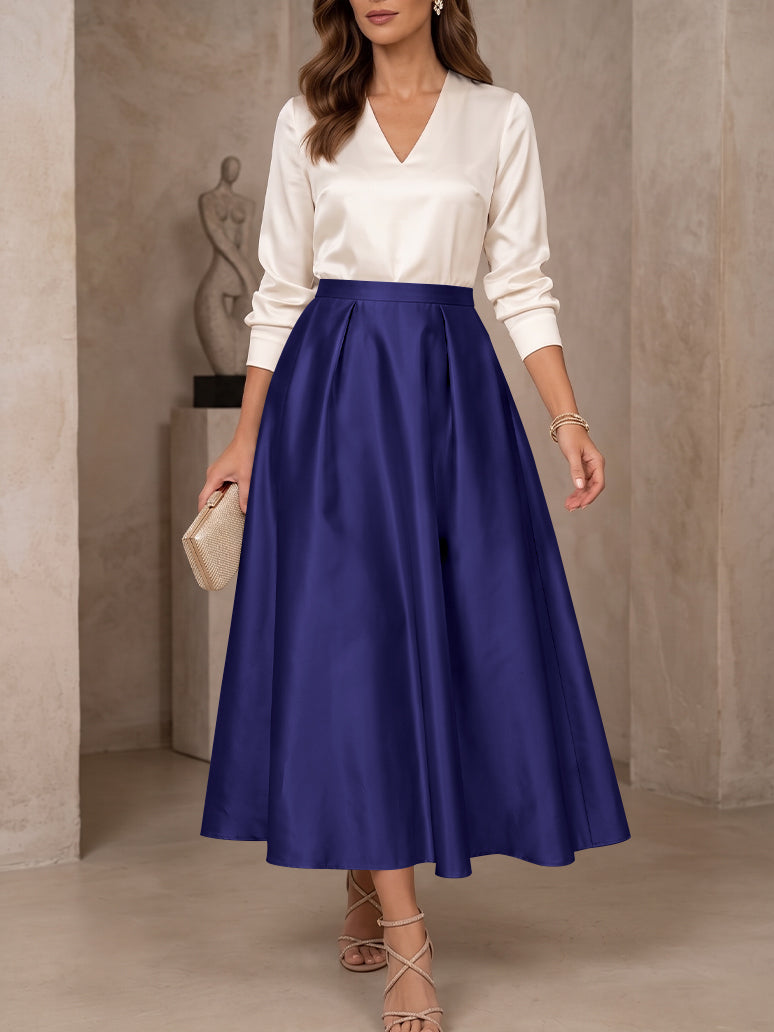 A-Line/Princess V-Neck Satin Mother of the Bride Dresses 3/4 Sleeves Tea-Length Pleated