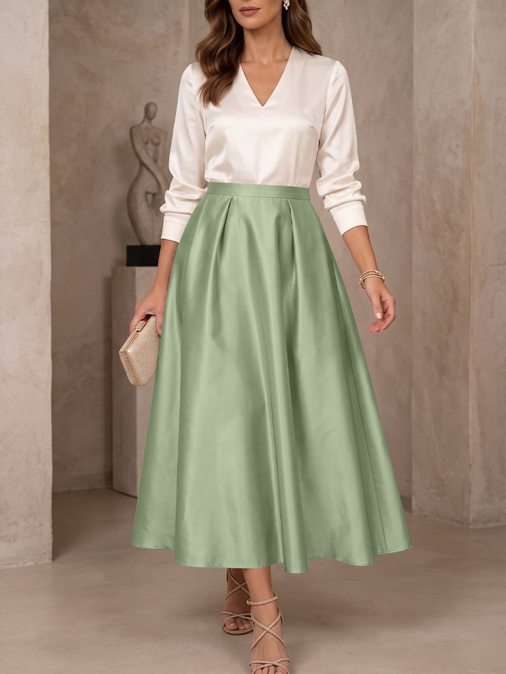 A-Line/Princess V-Neck Satin Mother of the Bride Dresses 3/4 Sleeves Tea-Length Pleated