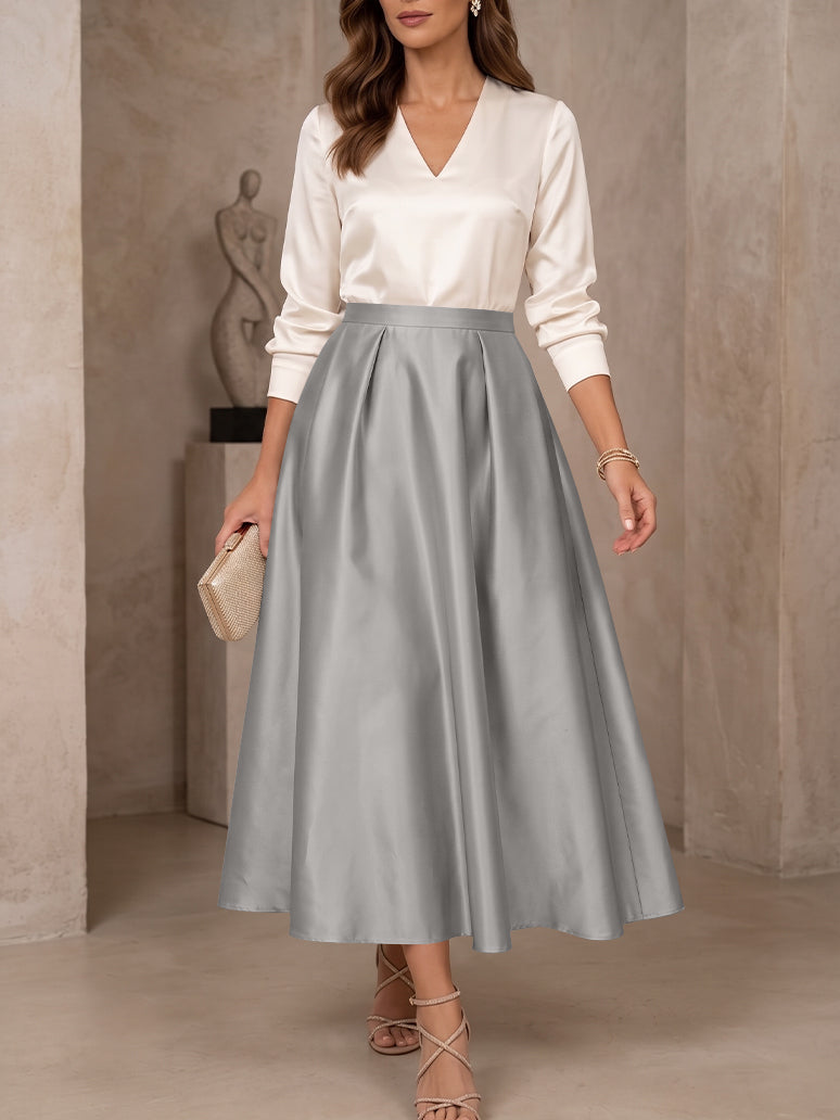 A-Line/Princess V-Neck Satin Mother of the Bride Dresses 3/4 Sleeves Tea-Length Pleated