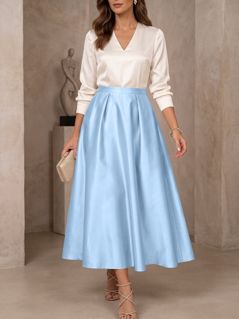 A-Line/Princess V-Neck Satin Mother of the Bride Dresses 3/4 Sleeves Tea-Length Pleated