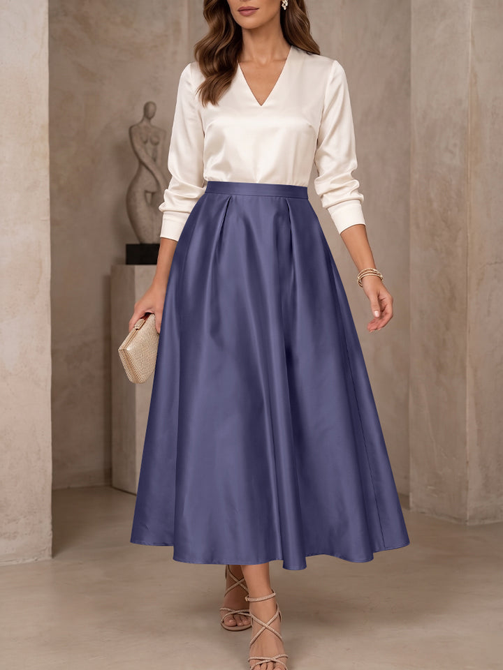 A-Line/Princess V-Neck Satin Mother of the Bride Dresses 3/4 Sleeves Tea-Length Pleated