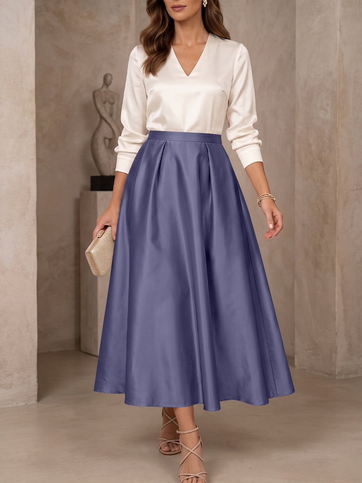 A-Line/Princess V-Neck Satin Mother of the Bride Dresses 3/4 Sleeves Tea-Length Pleated
