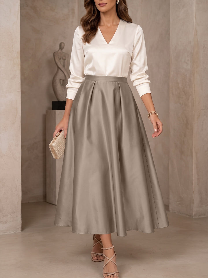 A-Line/Princess V-Neck Satin Mother of the Bride Dresses 3/4 Sleeves Tea-Length Pleated