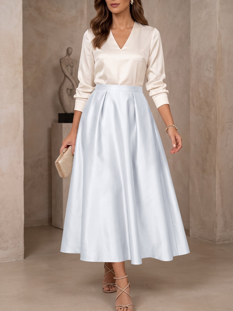 A-Line/Princess V-Neck Satin Mother of the Bride Dresses 3/4 Sleeves Tea-Length Pleated