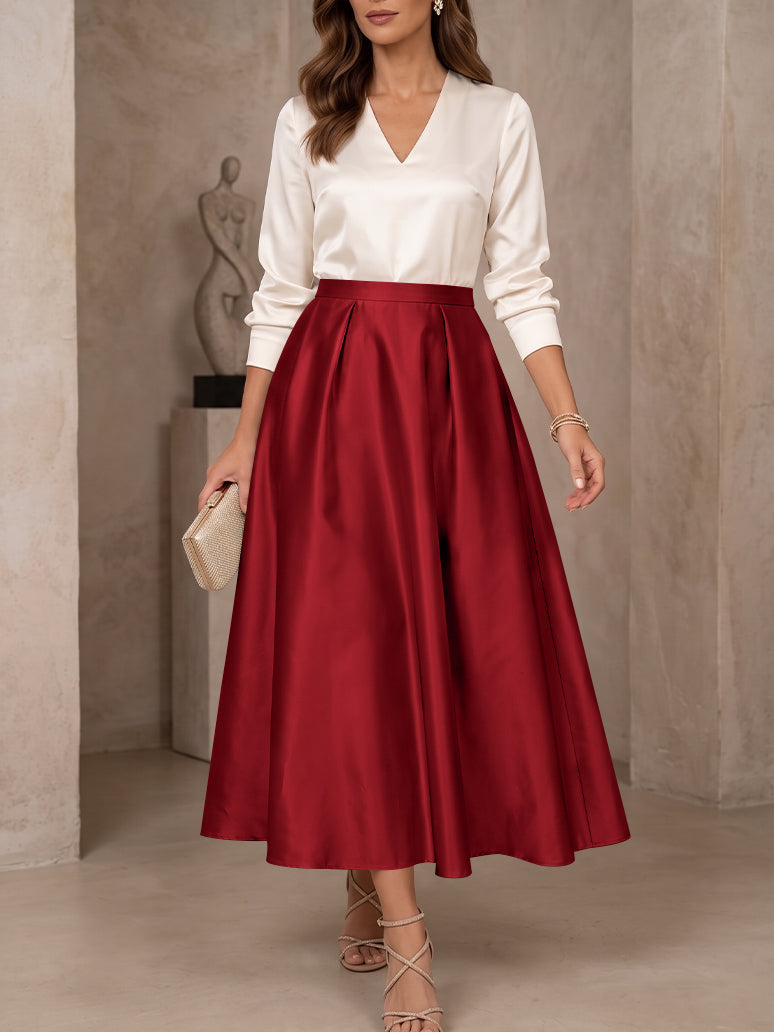 A-Line/Princess V-Neck Satin Mother of the Bride Dresses 3/4 Sleeves Tea-Length Pleated
