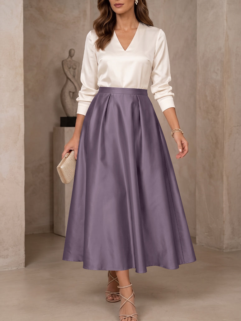 A-Line/Princess V-Neck Satin Mother of the Bride Dresses 3/4 Sleeves Tea-Length Pleated