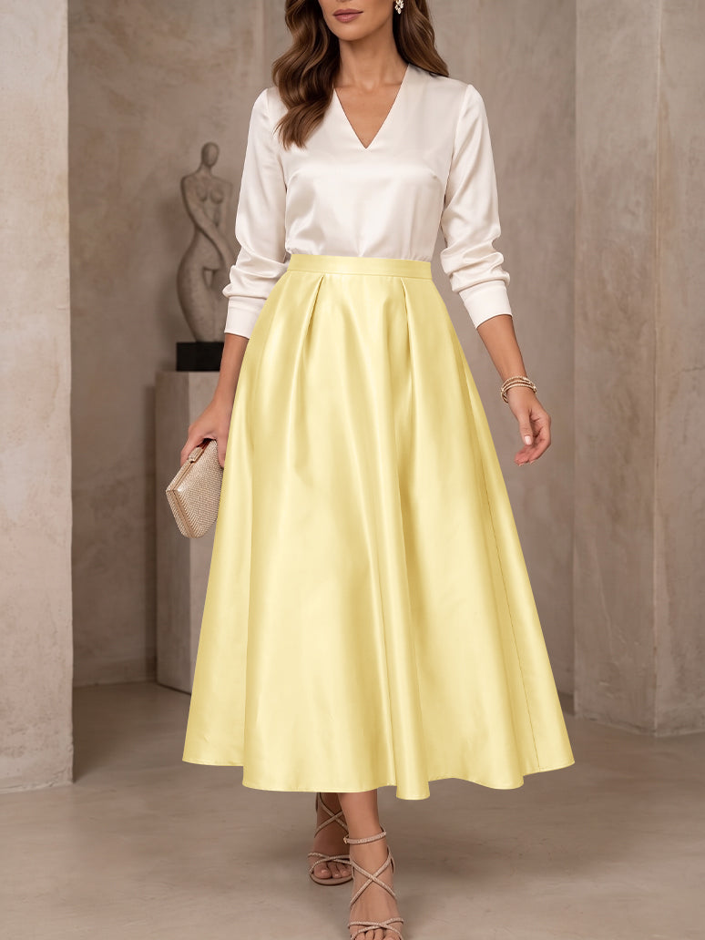 A-Line/Princess V-Neck Satin Mother of the Bride Dresses 3/4 Sleeves Tea-Length Pleated