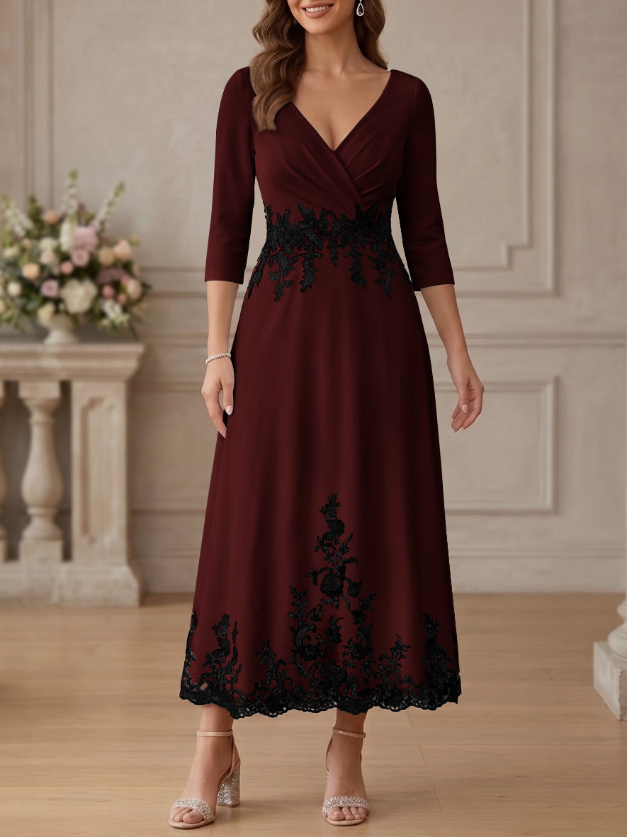 A-Line/Princess V-Neck Stretch Satin Mother Of The Bride Dresses Lace Floral 3/4 Sleeves Tea-Length