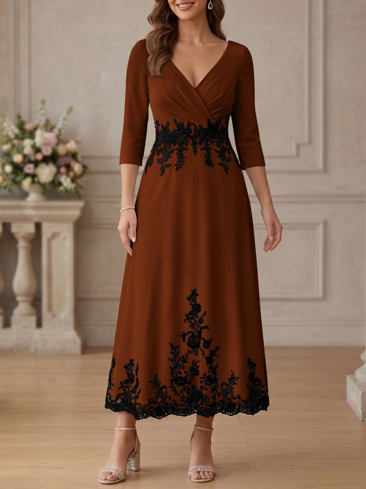 A-Line/Princess V-Neck Stretch Satin Mother Of The Bride Dresses Lace Floral 3/4 Sleeves Tea-Length