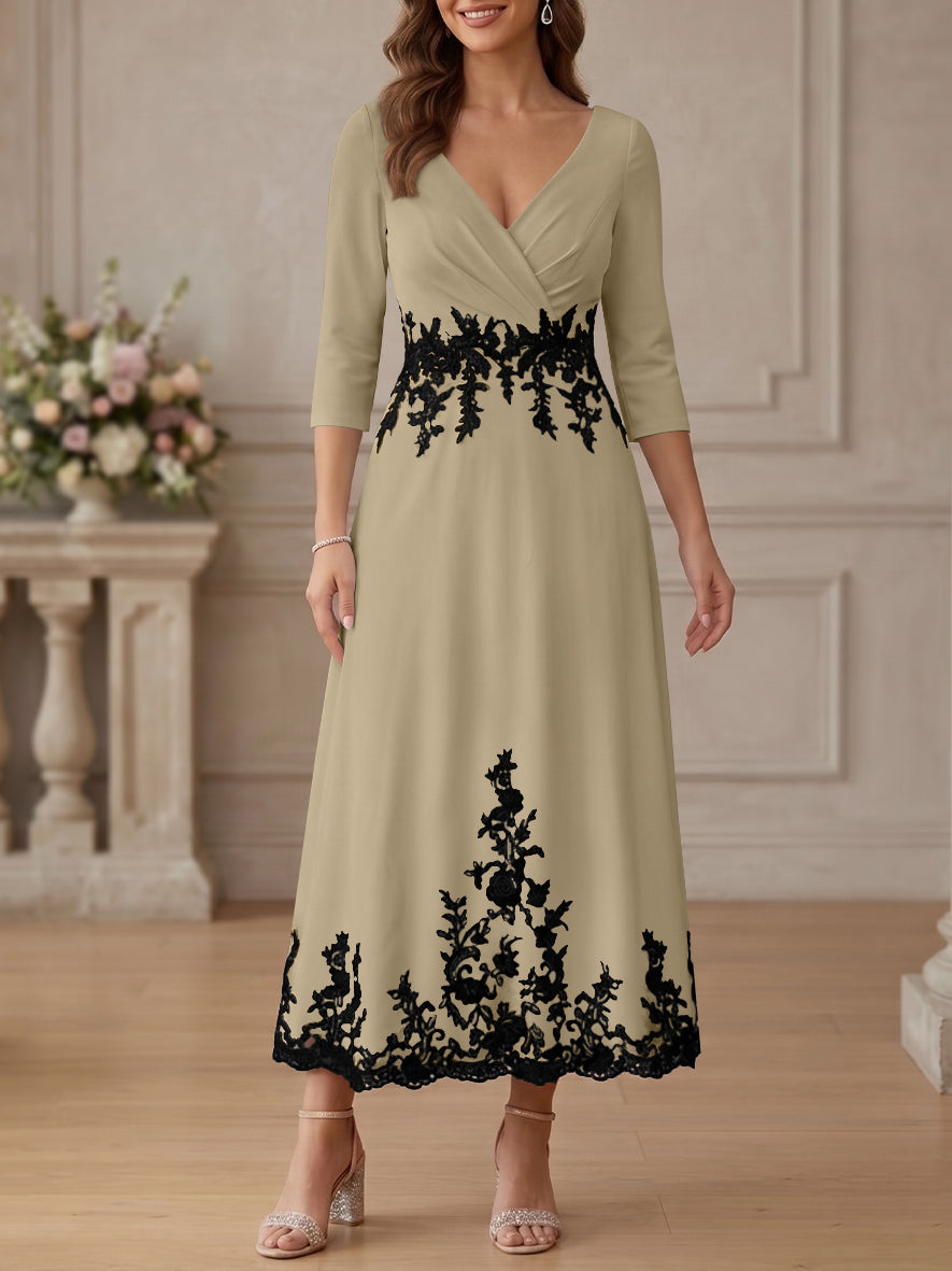 A-Line/Princess V-Neck Stretch Satin Mother Of The Bride Dresses Lace Floral 3/4 Sleeves Tea-Length