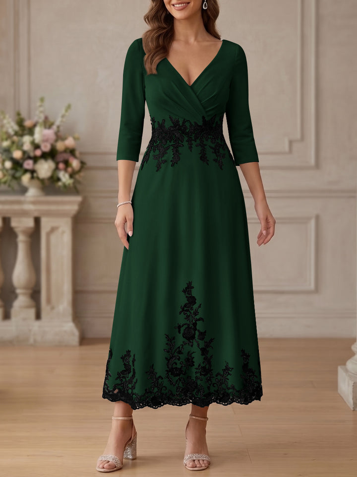 A-Line/Princess V-Neck Stretch Satin Mother Of The Bride Dresses Lace Floral 3/4 Sleeves Tea-Length