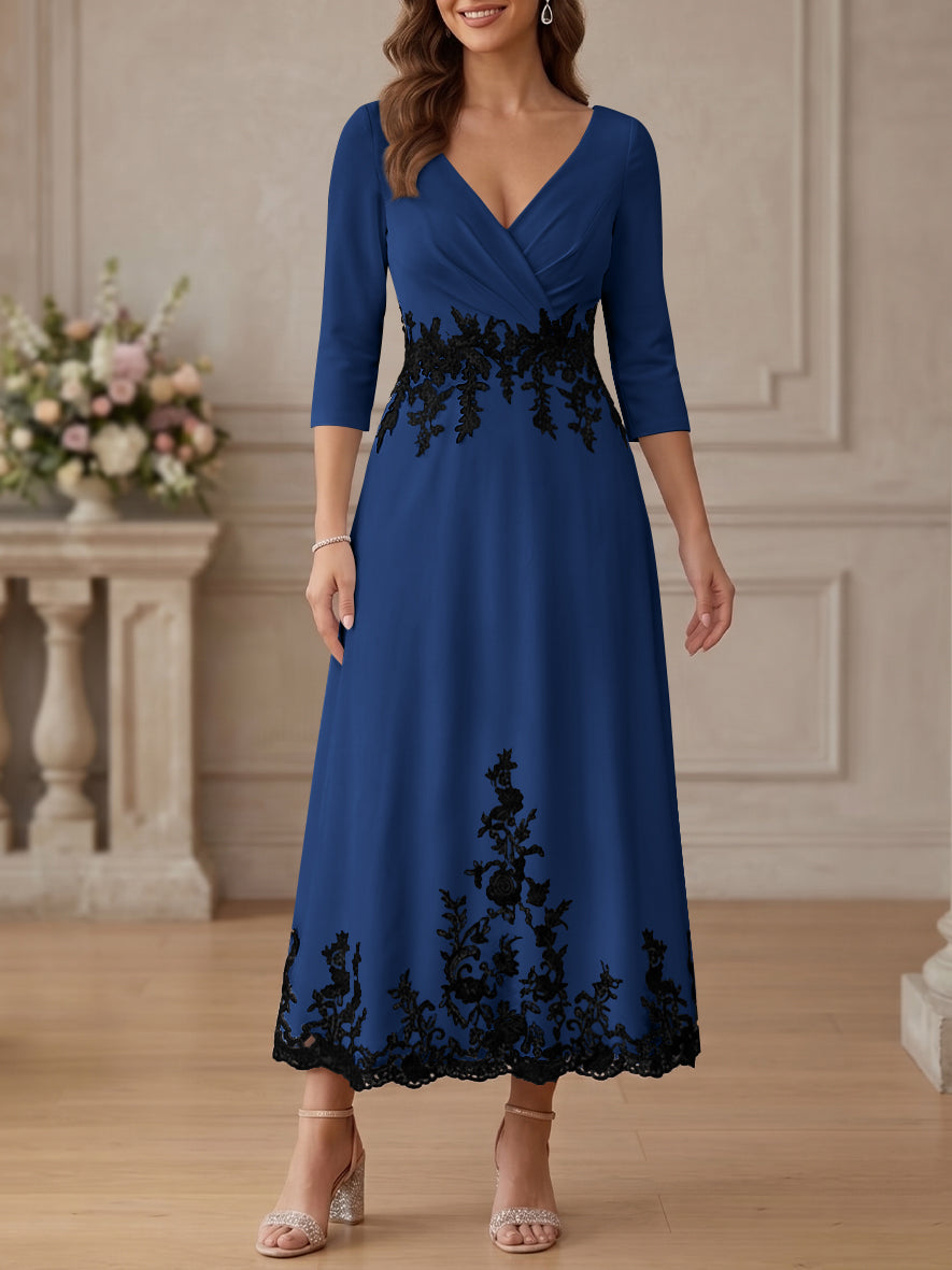 A-Line/Princess V-Neck Stretch Satin Mother Of The Bride Dresses Lace Floral 3/4 Sleeves Tea-Length