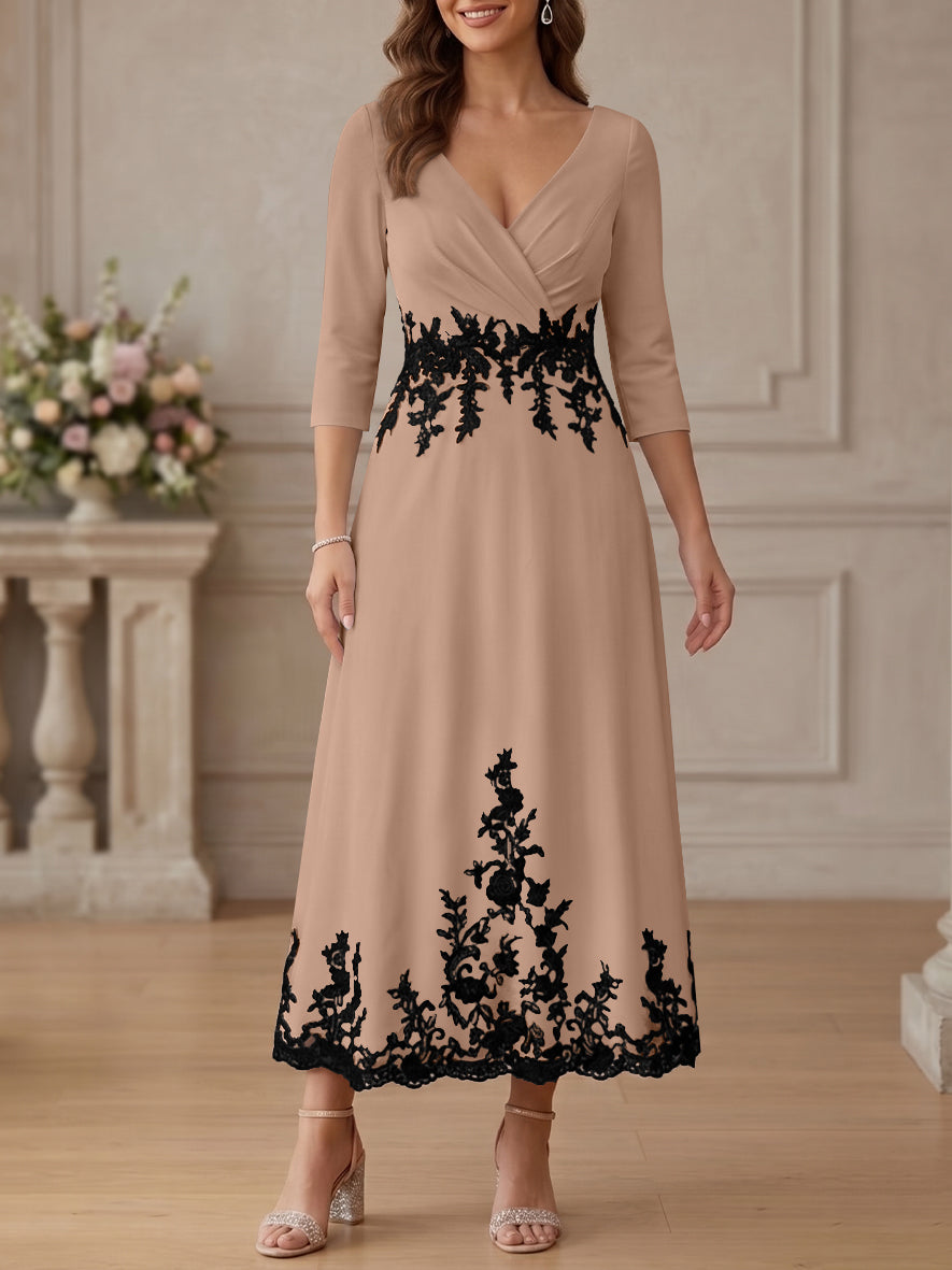A-Line/Princess V-Neck Stretch Satin Mother Of The Bride Dresses Lace Floral 3/4 Sleeves Tea-Length