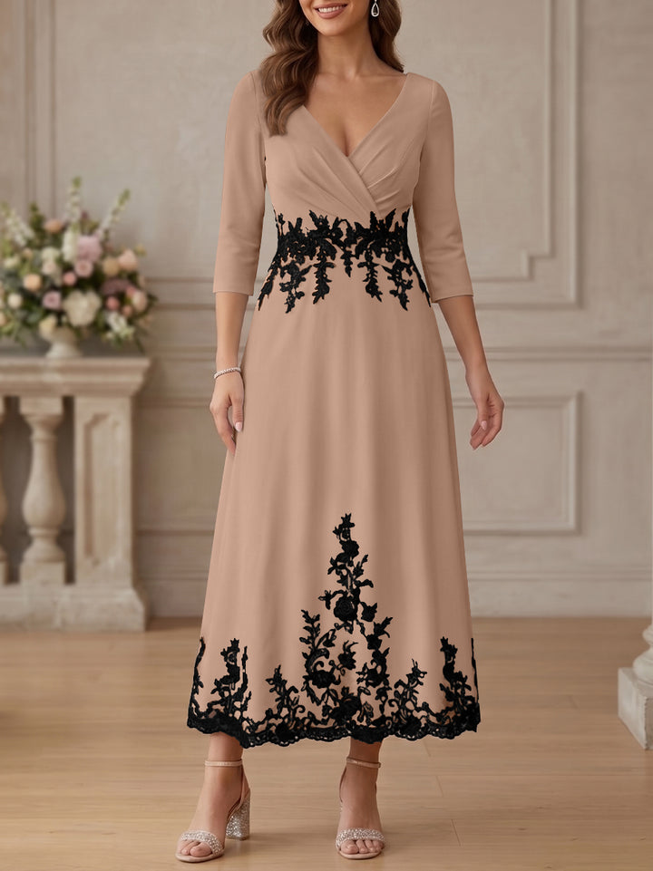 A-Line/Princess V-Neck Stretch Satin Mother Of The Bride Dresses Lace Floral 3/4 Sleeves Tea-Length