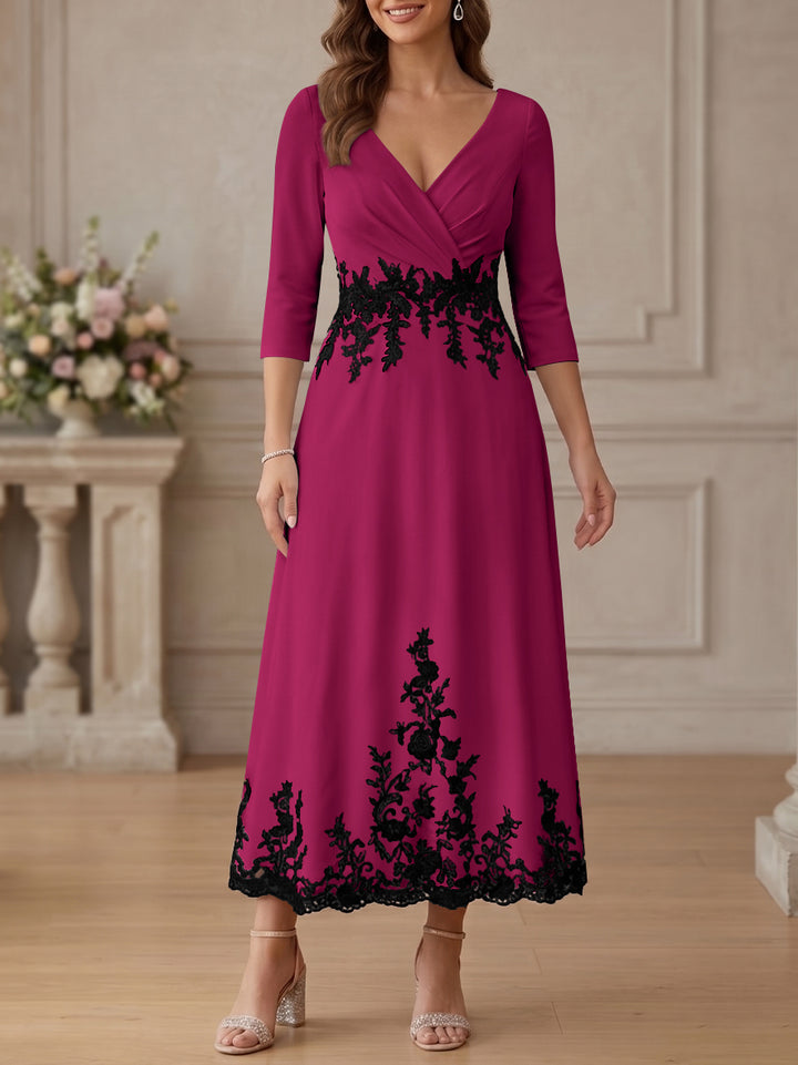 A-Line/Princess V-Neck Stretch Satin Mother Of The Bride Dresses Lace Floral 3/4 Sleeves Tea-Length