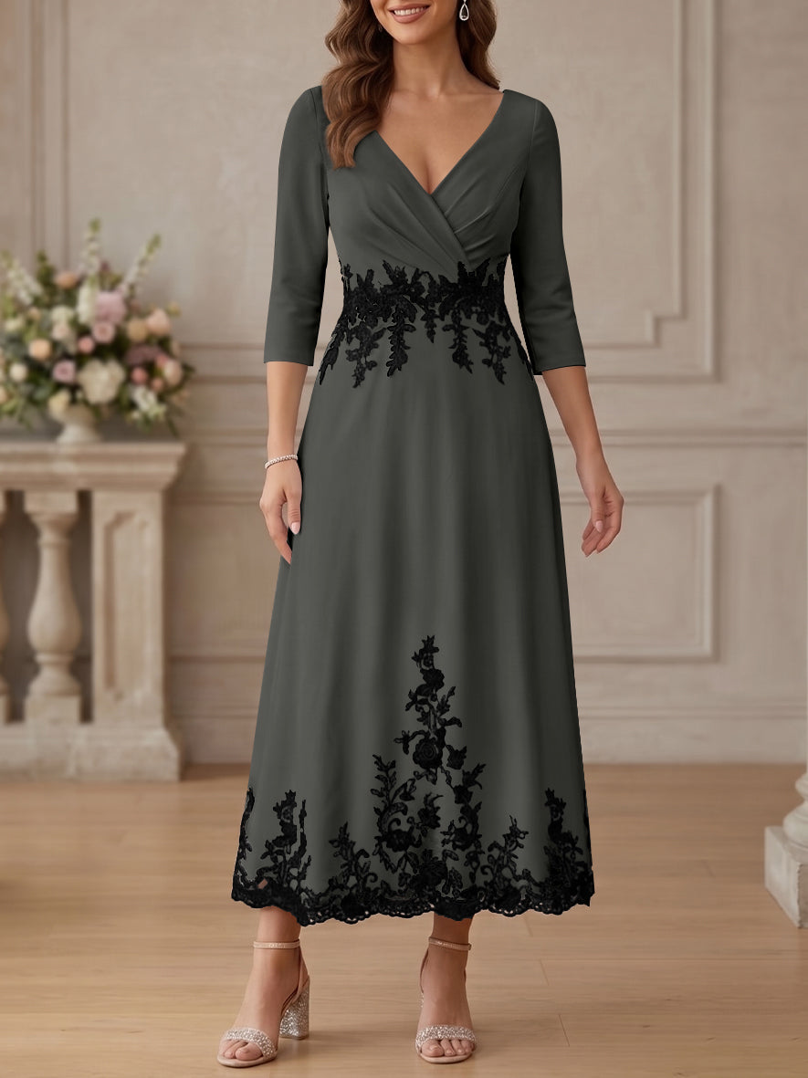 A-Line/Princess V-Neck Stretch Satin Mother Of The Bride Dresses Lace Floral 3/4 Sleeves Tea-Length