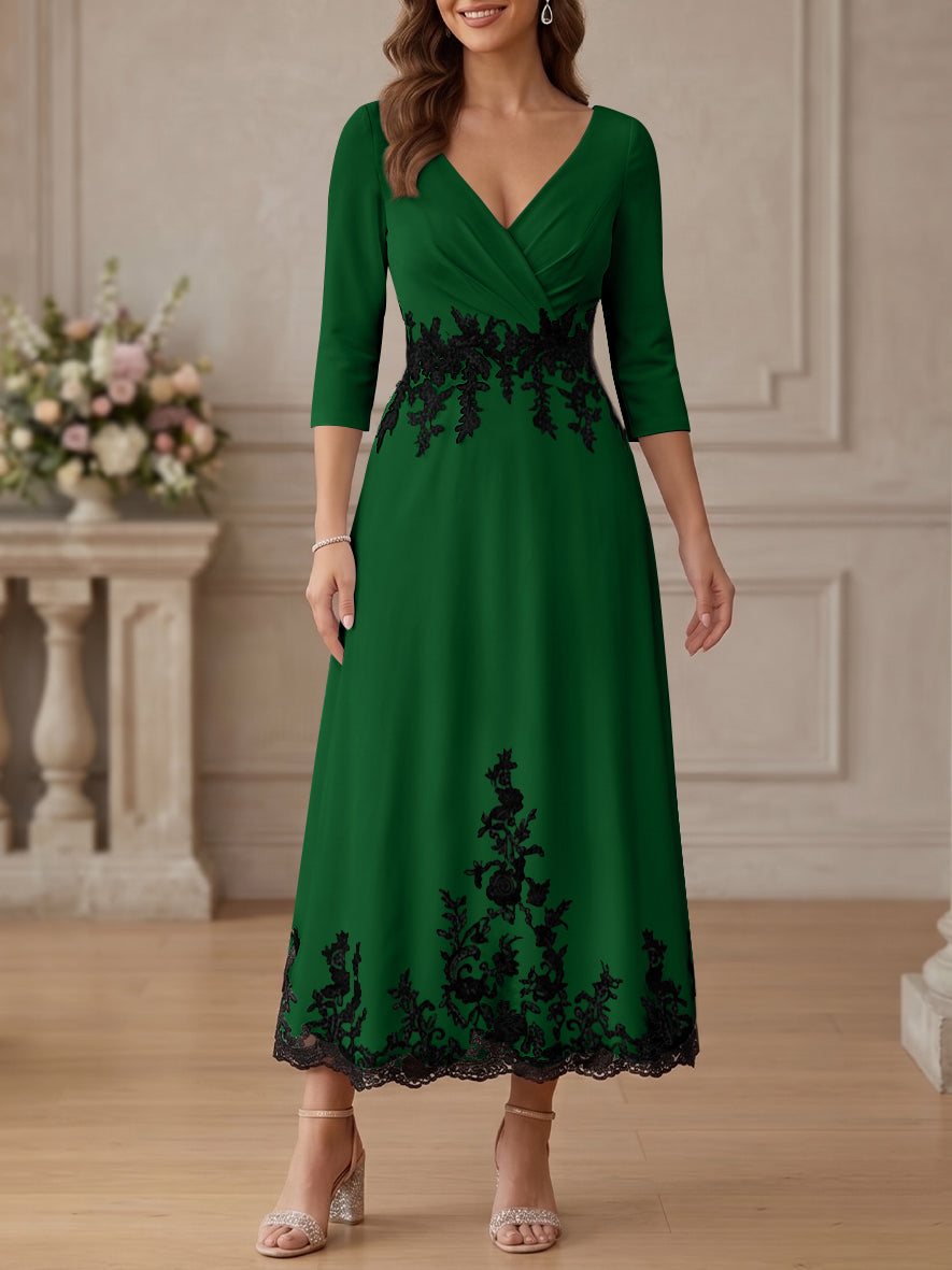 A-Line/Princess V-Neck Stretch Satin Mother Of The Bride Dresses Lace Floral 3/4 Sleeves Tea-Length