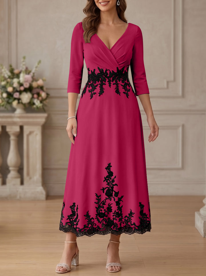 A-Line/Princess V-Neck Stretch Satin Mother Of The Bride Dresses Lace Floral 3/4 Sleeves Tea-Length