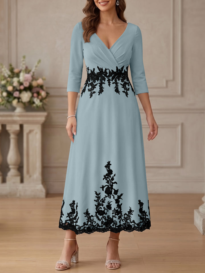 A-Line/Princess V-Neck Stretch Satin Mother Of The Bride Dresses Lace Floral 3/4 Sleeves Tea-Length