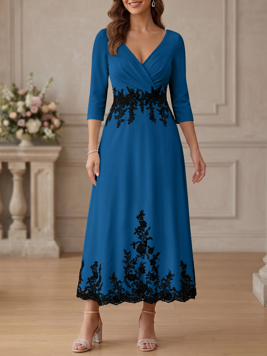 A-Line/Princess V-Neck Stretch Satin Mother Of The Bride Dresses Lace Floral 3/4 Sleeves Tea-Length