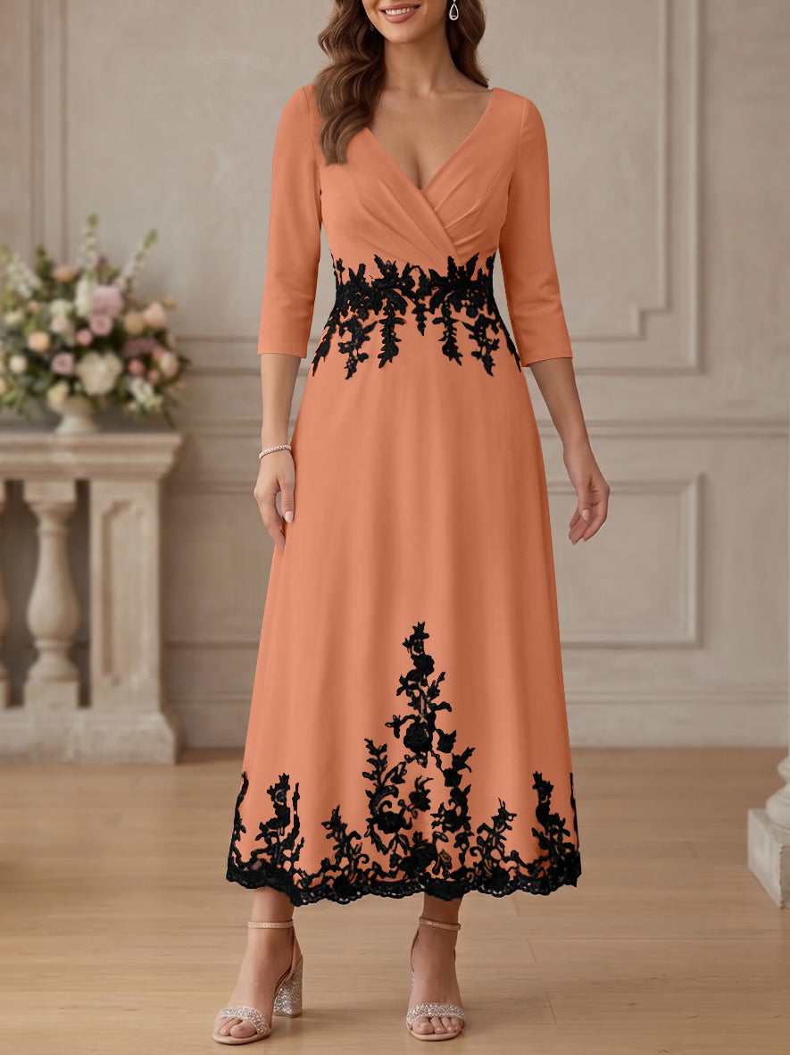 A-Line/Princess V-Neck Stretch Satin Mother Of The Bride Dresses Lace Floral 3/4 Sleeves Tea-Length