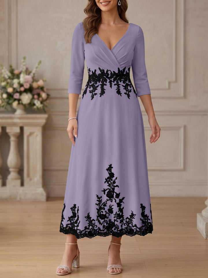 A-Line/Princess V-Neck Stretch Satin Mother Of The Bride Dresses Lace Floral 3/4 Sleeves Tea-Length