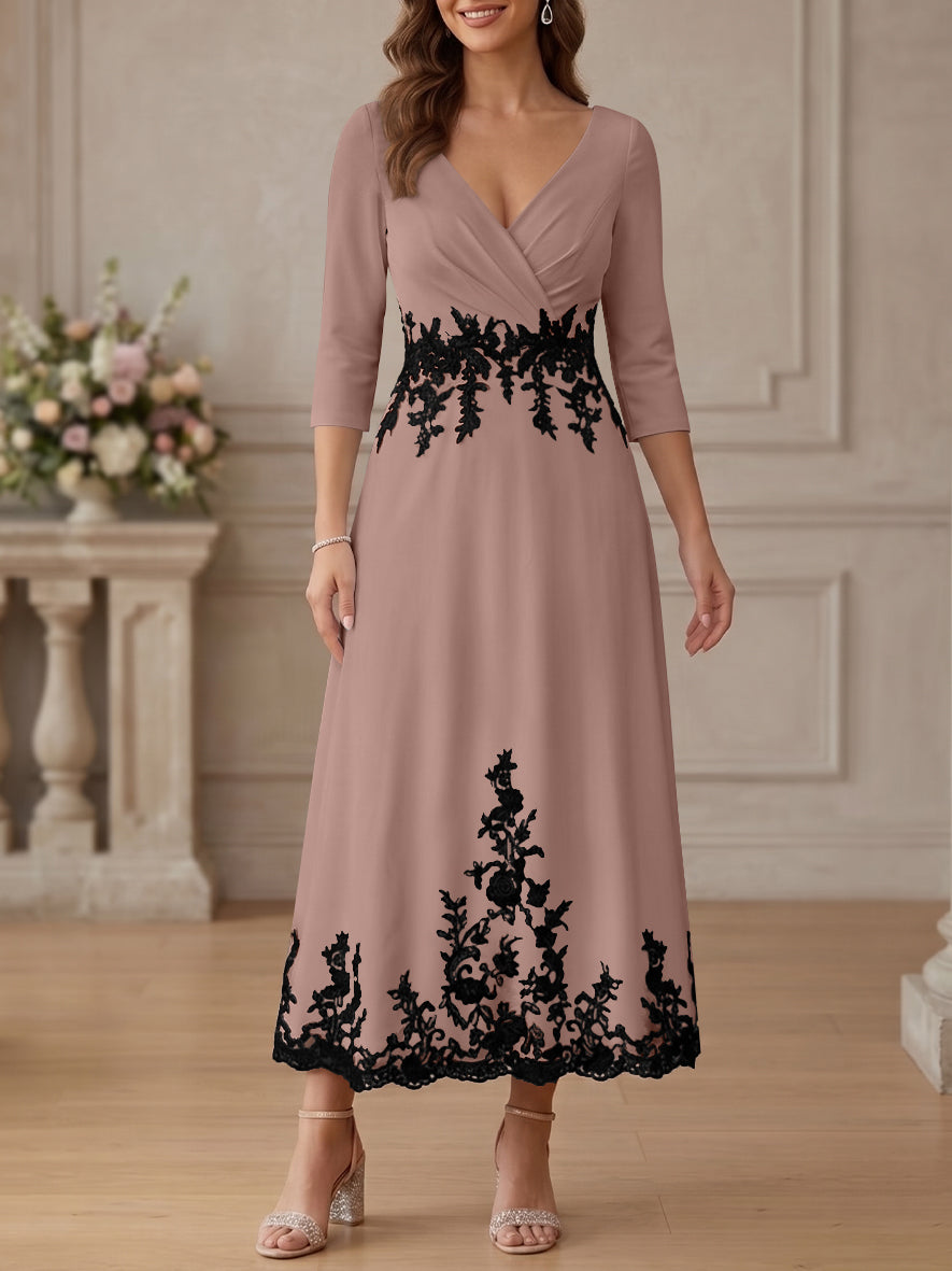 A-Line/Princess V-Neck Stretch Satin Mother Of The Bride Dresses Lace Floral 3/4 Sleeves Tea-Length