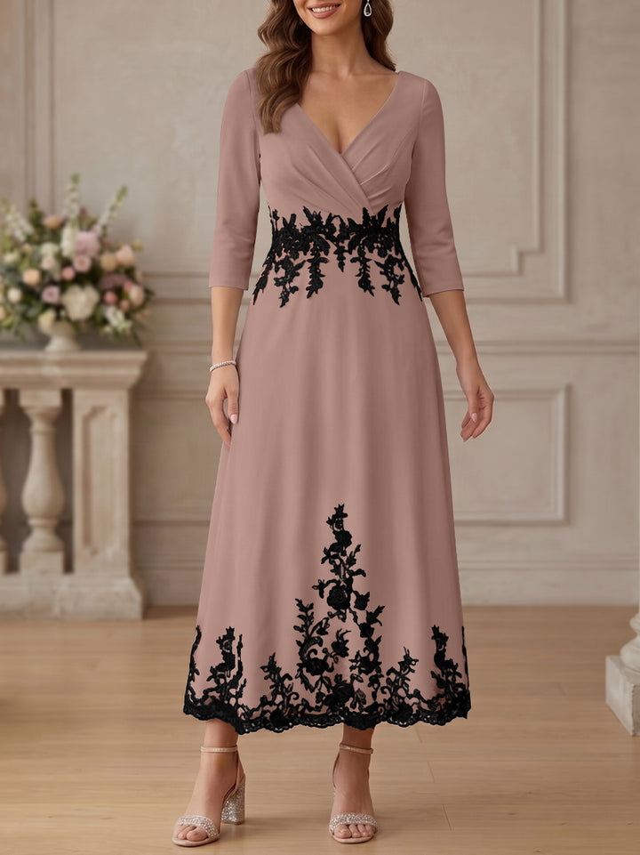 A-Line/Princess V-Neck Stretch Satin Mother Of The Bride Dresses Lace Floral 3/4 Sleeves Tea-Length