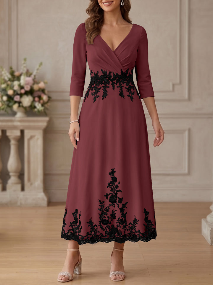 A-Line/Princess V-Neck Stretch Satin Mother Of The Bride Dresses Lace Floral 3/4 Sleeves Tea-Length