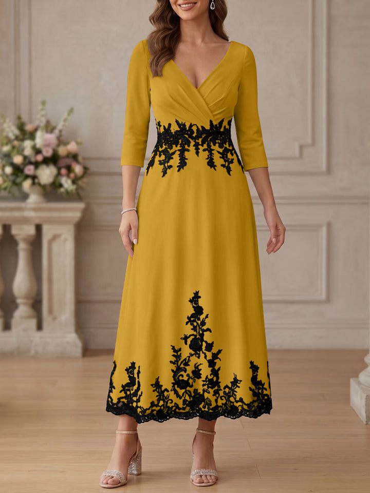A-Line/Princess V-Neck Stretch Satin Mother Of The Bride Dresses Lace Floral 3/4 Sleeves Tea-Length