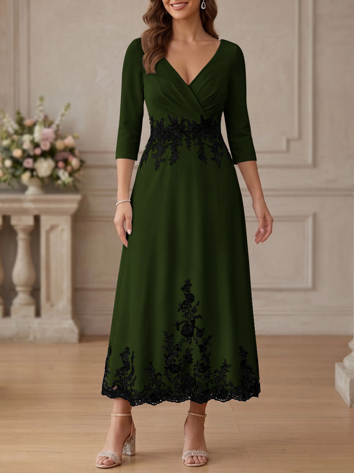 A-Line/Princess V-Neck Stretch Satin Mother Of The Bride Dresses Lace Floral 3/4 Sleeves Tea-Length