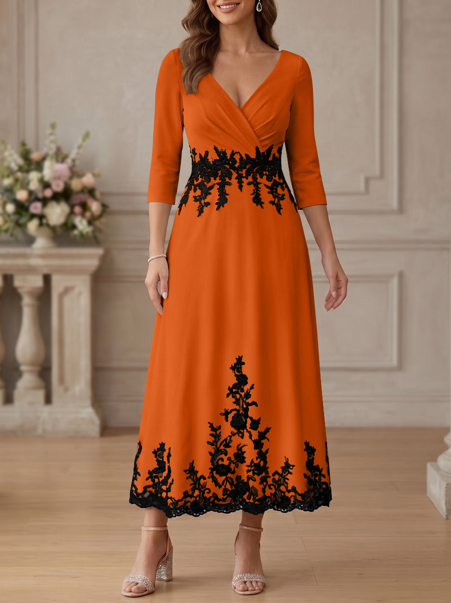 A-Line/Princess V-Neck Stretch Satin Mother Of The Bride Dresses Lace Floral 3/4 Sleeves Tea-Length