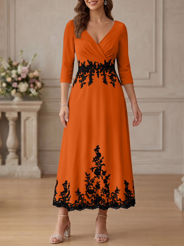 A-Line/Princess V-Neck Stretch Satin Mother Of The Bride Dresses Lace Floral 3/4 Sleeves Tea-Length