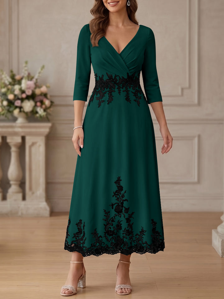 A-Line/Princess V-Neck Stretch Satin Mother Of The Bride Dresses Lace Floral 3/4 Sleeves Tea-Length