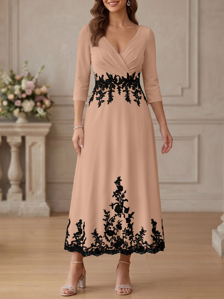 A-Line/Princess V-Neck Stretch Satin Mother Of The Bride Dresses Lace Floral 3/4 Sleeves Tea-Length