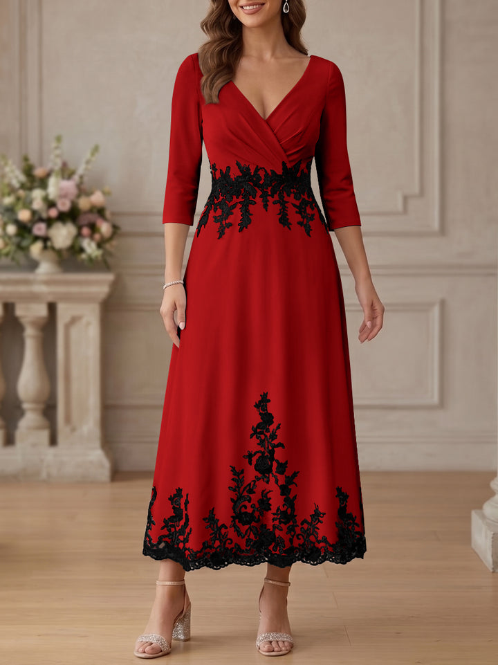 A-Line/Princess V-Neck Stretch Satin Mother Of The Bride Dresses Lace Floral 3/4 Sleeves Tea-Length