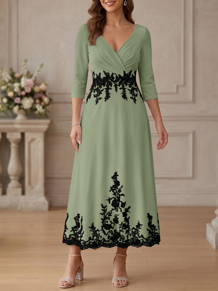 A-Line/Princess V-Neck Stretch Satin Mother Of The Bride Dresses Lace Floral 3/4 Sleeves Tea-Length