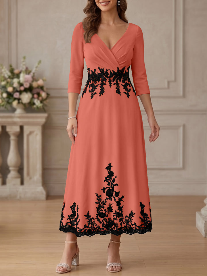 A-Line/Princess V-Neck Stretch Satin Mother Of The Bride Dresses Lace Floral 3/4 Sleeves Tea-Length