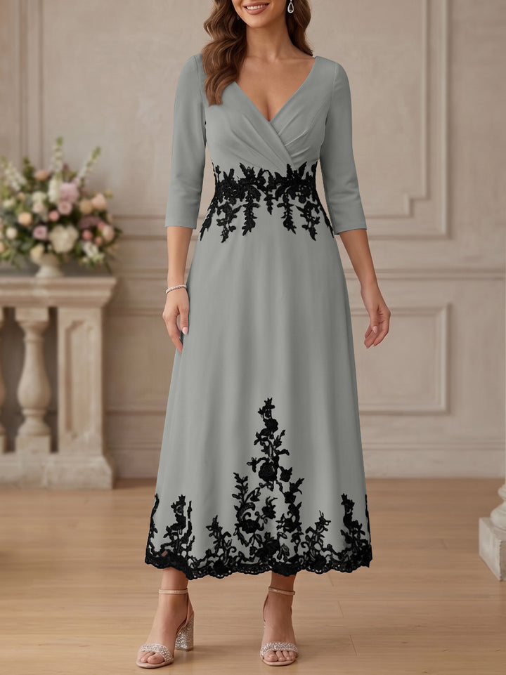 A-Line/Princess V-Neck Stretch Satin Mother Of The Bride Dresses Lace Floral 3/4 Sleeves Tea-Length