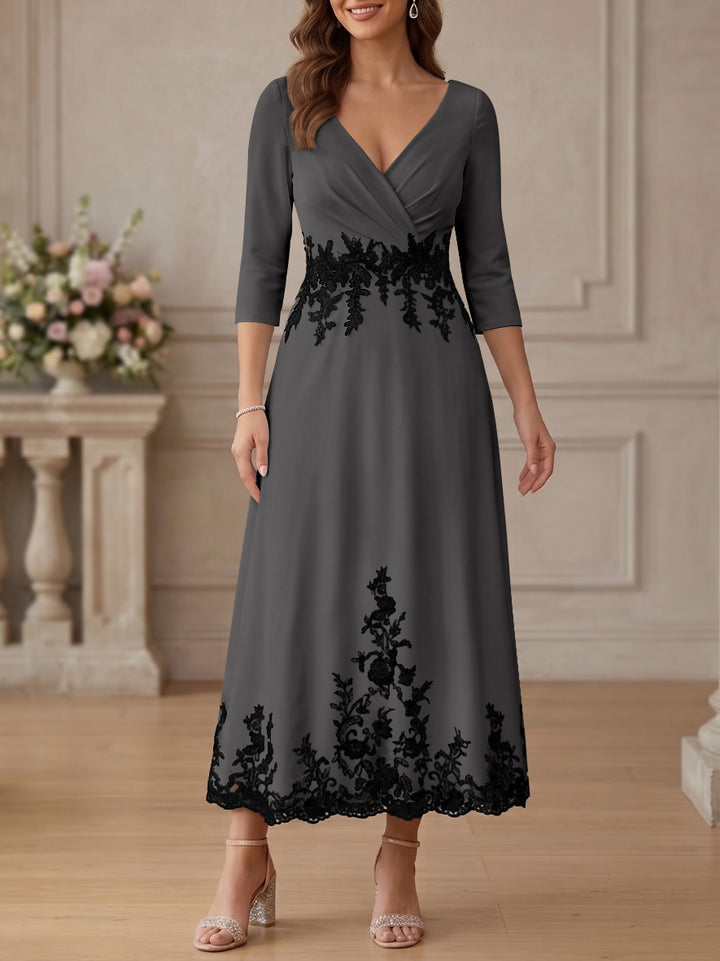 A-Line/Princess V-Neck Stretch Satin Mother Of The Bride Dresses Lace Floral 3/4 Sleeves Tea-Length