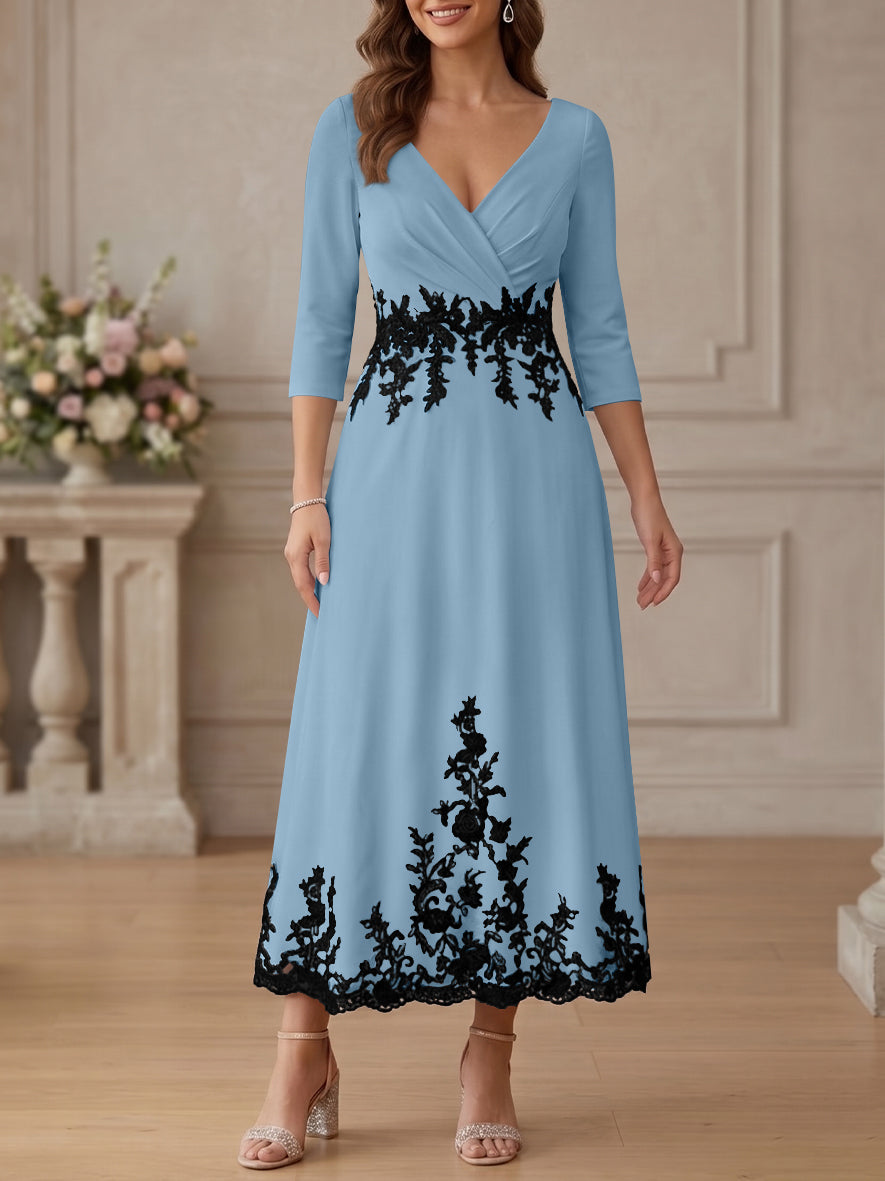 A-Line/Princess V-Neck Stretch Satin Mother Of The Bride Dresses Lace Floral 3/4 Sleeves Tea-Length