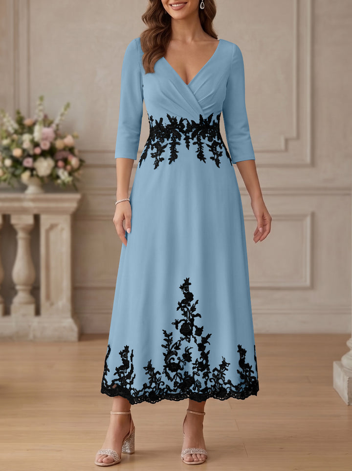A-Line/Princess V-Neck Stretch Satin Mother Of The Bride Dresses Lace Floral 3/4 Sleeves Tea-Length