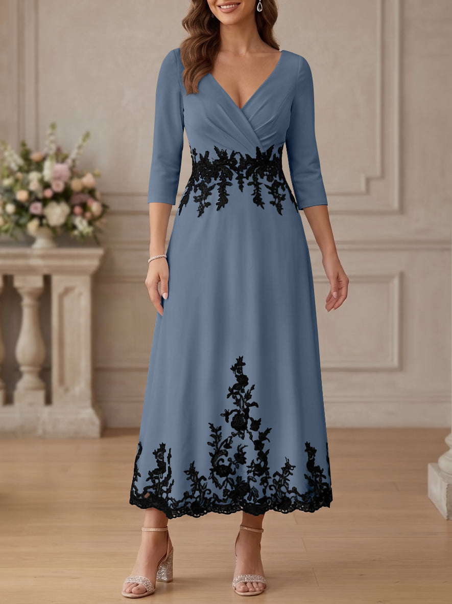 A-Line/Princess V-Neck Stretch Satin Mother Of The Bride Dresses Lace Floral 3/4 Sleeves Tea-Length