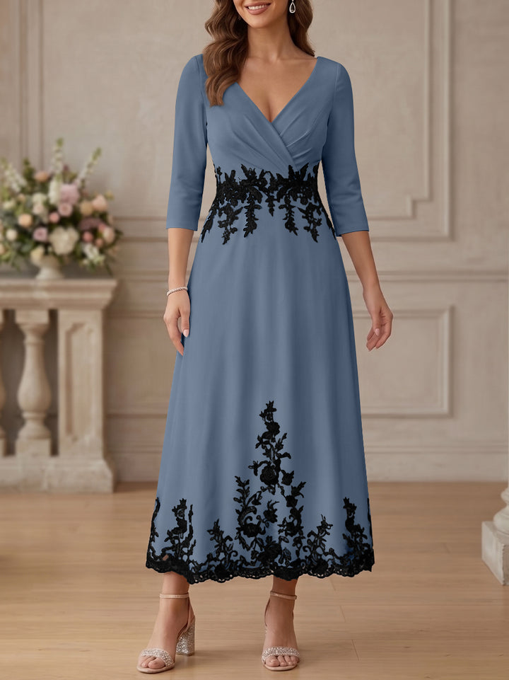 A-Line/Princess V-Neck Stretch Satin Mother Of The Bride Dresses Lace Floral 3/4 Sleeves Tea-Length