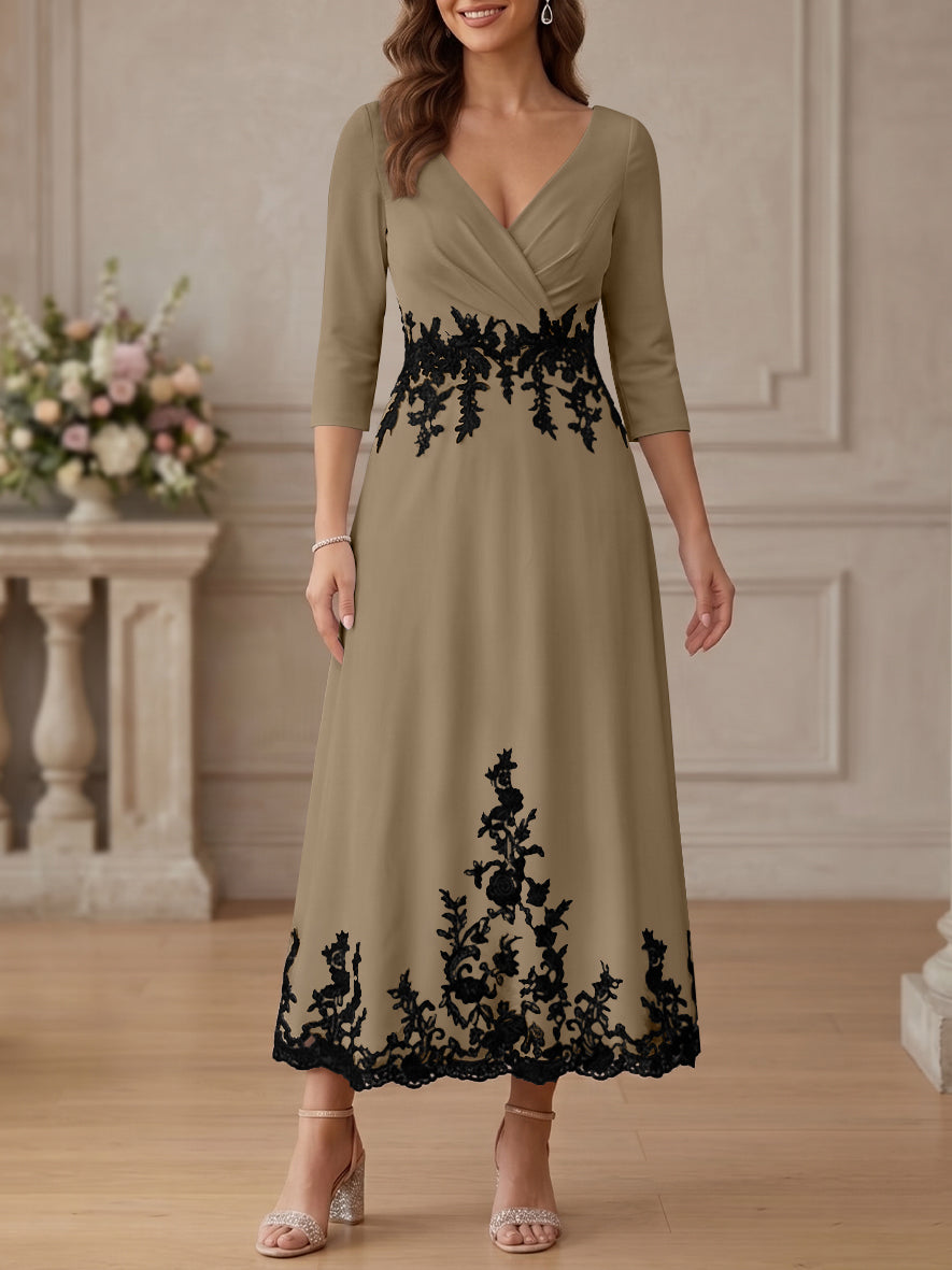 A-Line/Princess V-Neck Stretch Satin Mother Of The Bride Dresses Lace Floral 3/4 Sleeves Tea-Length