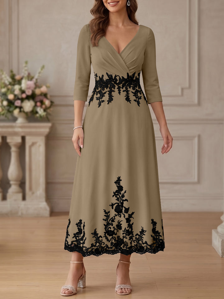 A-Line/Princess V-Neck Stretch Satin Mother Of The Bride Dresses Lace Floral 3/4 Sleeves Tea-Length